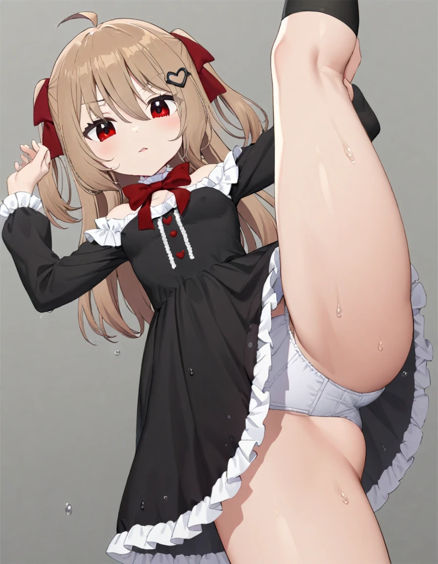 1girl, evil neuro-sama, (yuzu modoki), red eyes, light brown hair, ahoge, two side up, hair ribbon, dark red ribbon, heart hair ornament, black dress, frilled dress, off-shoulder dress, bare shoulders, frilled choker, long sleeves, red bow, red buttons, black heart, black socks, frilled socks, grey footwear, loafers, (masterpiece, best quality), highly detailed, finely detailed, wet, looking at viewer, see-through dress, covered nipples, underwear, cleavage, collarbone, from below, simple background, stomach, split, standing split, standing on one leg,