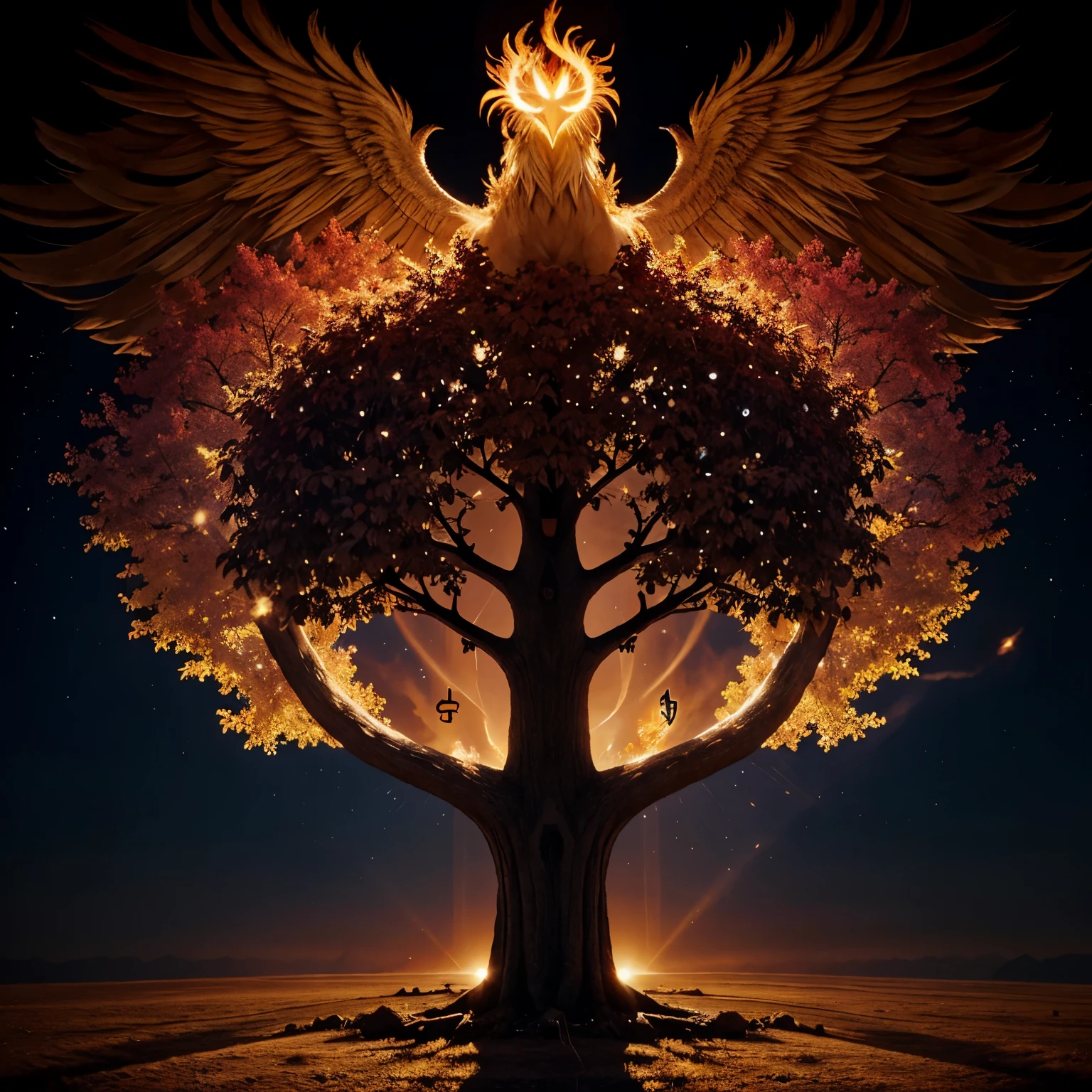 Tree of life with a phoenix and the rune of eternal love