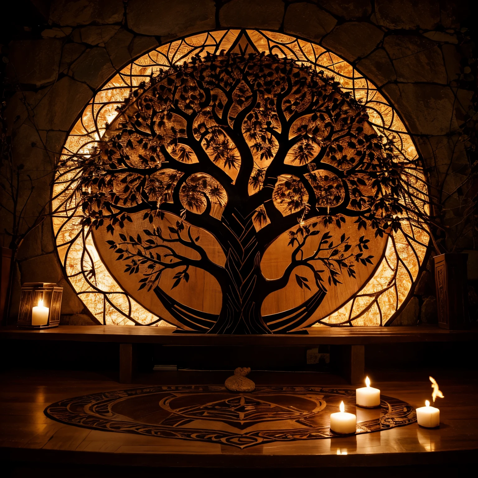 Tree of life with a phoenix and the rune of eternal love
