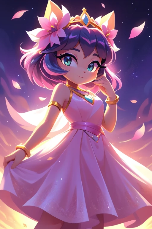 Personagem: Aurora
Cor: Rosa suave
Roupa: Pink long dress with petal details Poder: Control over light and illusions Background screen: Sky at dawn with vibrant colors and golden clouds Accessories: Tiara de flores, delicate earrings and bracelets Introduction: Aurora is a woman with the power to control light and create enchanting illusions.. Her pink dress and petal details reflect her delicate and dreamy personality.. Com suas habilidades, Aurora pode manipular a luz, create dazzling illusions and even bring the beauty of dawn to any place. She is a source of light and hope, sempre pronta para iluminar o caminho dos outros.