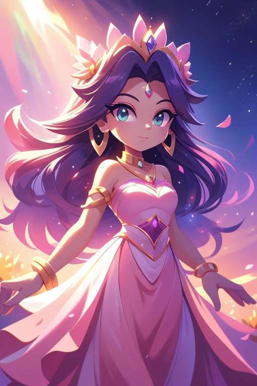 Personagem: Aurora
Cor: Rosa suave
Roupa: Pink long dress with petal details Poder: Control over light and illusions Background screen: Sky at dawn with vibrant colors and golden clouds Accessories: Tiara de flores, delicate earrings and bracelets Introduction: Aurora is a woman with the power to control light and create enchanting illusions.. Her pink dress and petal details reflect her delicate and dreamy personality.. Com suas habilidades, Aurora pode manipular a luz, create dazzling illusions and even bring the beauty of dawn to any place. She is a source of light and hope, sempre pronta para iluminar o caminho dos outros.
