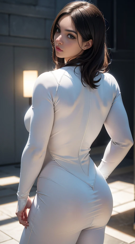 rear view, backside view,(obra maestra、4k-resolution、Un hiperrealista、ighly detallado、Dale la espalda), (White superhero theme、carisma、There&#39;s a girl dressed as white spider-man over the city.、de espaldas。she is a superhero)、 [((25-years old)、(Pelo largo y negro de cola de caballo:1.2)、cuerpo completo Esbian、(ojos azules:1.2))、((Entorno urbano arenoso):0.8)|(Un paisaje urbano、Noche、dynamic light)、(luna llena)]#ilustrar:Indications are mainly ultra high definition、Muy real、Describe pinturas 4K altamente detalladas。A superheroine in a white Spiderman costume is depicted high above the city.。The subject of the photo is black superheroes。(spider web woven background:1.4),(fondo ciudad rascacielos Tokio apocalyptic:1.4)
