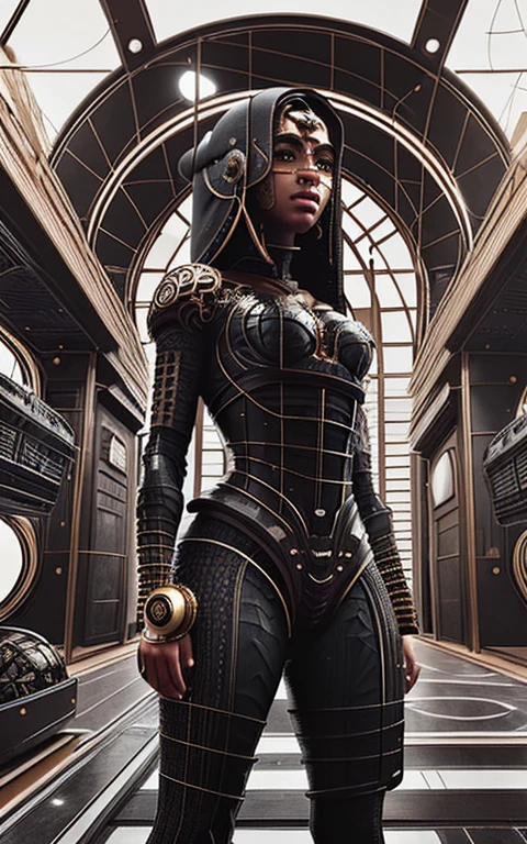 Obra de arte, melhor qualidade, bem detalhado, uma mulher dark skinned com traje futurista, scifi, ciborgue, You are in a futuristic city on another planet, panoramic view details