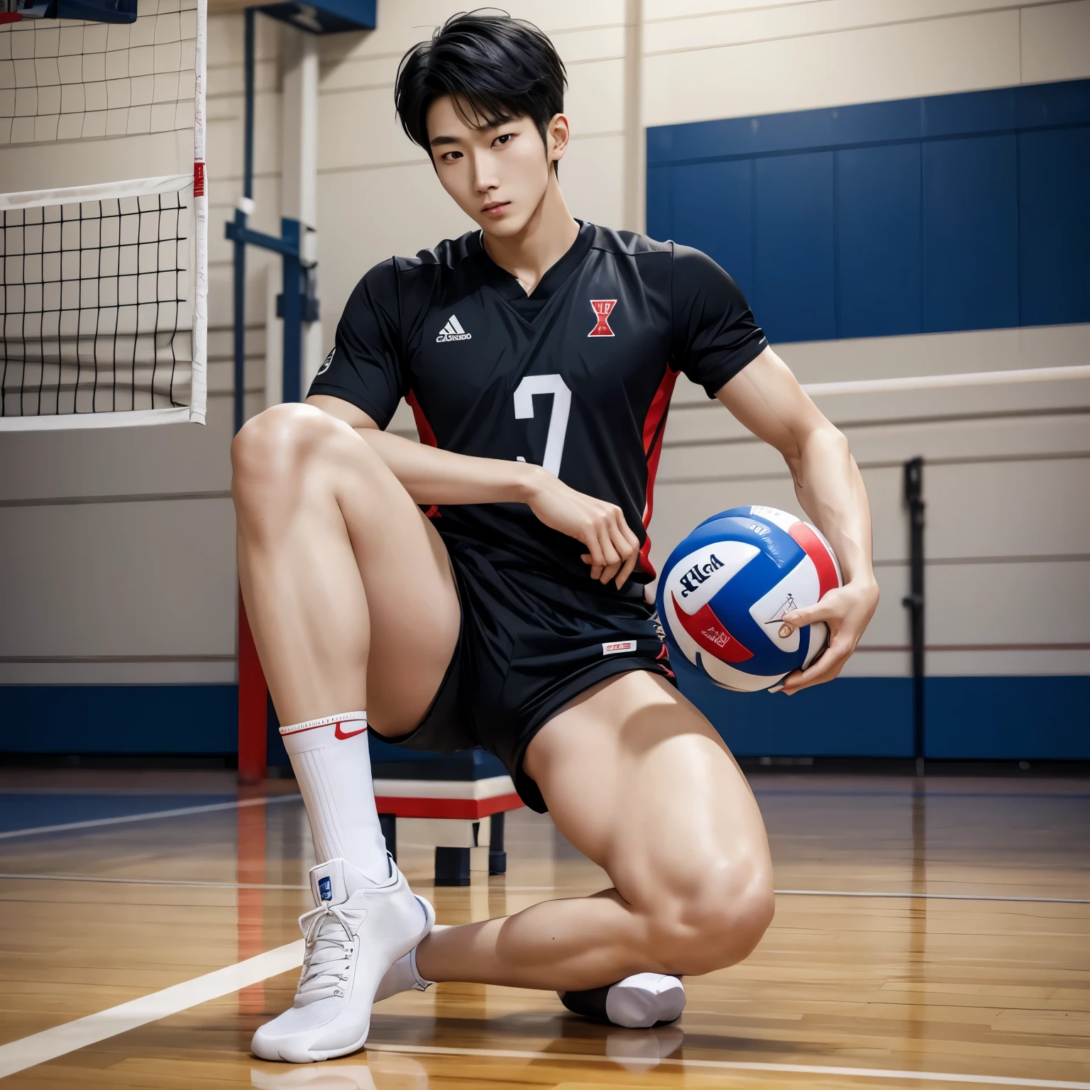 Hot tall Korean guy with socks almost 3m tall, Super hot, very good-looking, sports athlete, full body, with socks on, Korean, anime, shots, young, short black hair, no shoes, , long legs, super tall, volleyball player height,