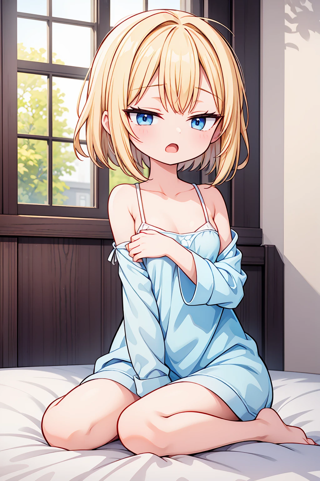 ((ultra detailed, masterpiece, best quality, 8k)), BREAK, 1girl, solo, (very flat breasts:1.4), (chibi:0.6),clear skinned female:1.2, ,(clear skin:1.8), blonde hair, short hair, pixie cut, wavy hair, blue eyes, one eyes closed, wake up yawn, open mouth, covering mouth, pijamas, (white pijamas), window, morning, looking at viewer, sitting, seiza, waking up, on bed, full body, detailed hands, BREAK