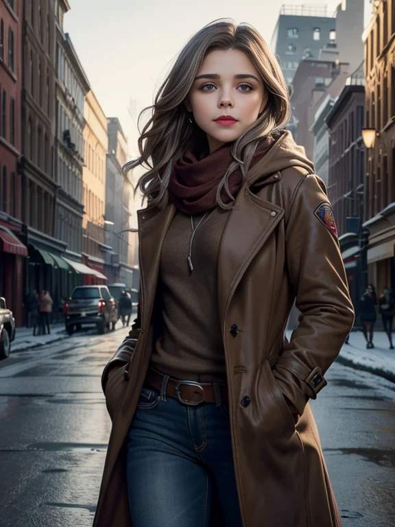 Chloe Grace Moretz、(masterpiece:1.0), (Highest_quality:1.2), (Dark Shot:1.3), Classic Rogue, 1991 Rogue X-Men, 1 girl, Only 1, Head to Toe, standing on street corner, Elegant pose, (clothing: Brown winter coat, Brown color hood, Down lining, White scarf, gloves, jeans) Medium length hair, Brown Hair, Wavy Hair, One gray hair, Green Eyes, Mischievous look, Grin, Lips parted,  Red lipstick, Heavy makeup, Confident expression, Backlight, (realism: 1.5), (Realistic: 1.4), (Disorganized:1.4), 8k, Very detailed, Detailed beautiful woman,  (background: Midnight, it&#39;s snowing, On the streets of New York, Snowy Night), Official Art, Very detailed CG Unity 8k wallpaper, Perfect lighting, colorful, 超High resolution, photograph, 8k, High resolution, Kodak Portrait 400, Film Grain, blurry background, (Bokeh:1.2), (Vibrant_color:1.2), Film Grain:1.2, (Warm colors, Warm Tones:1.2), (color photo), Professional Photograph