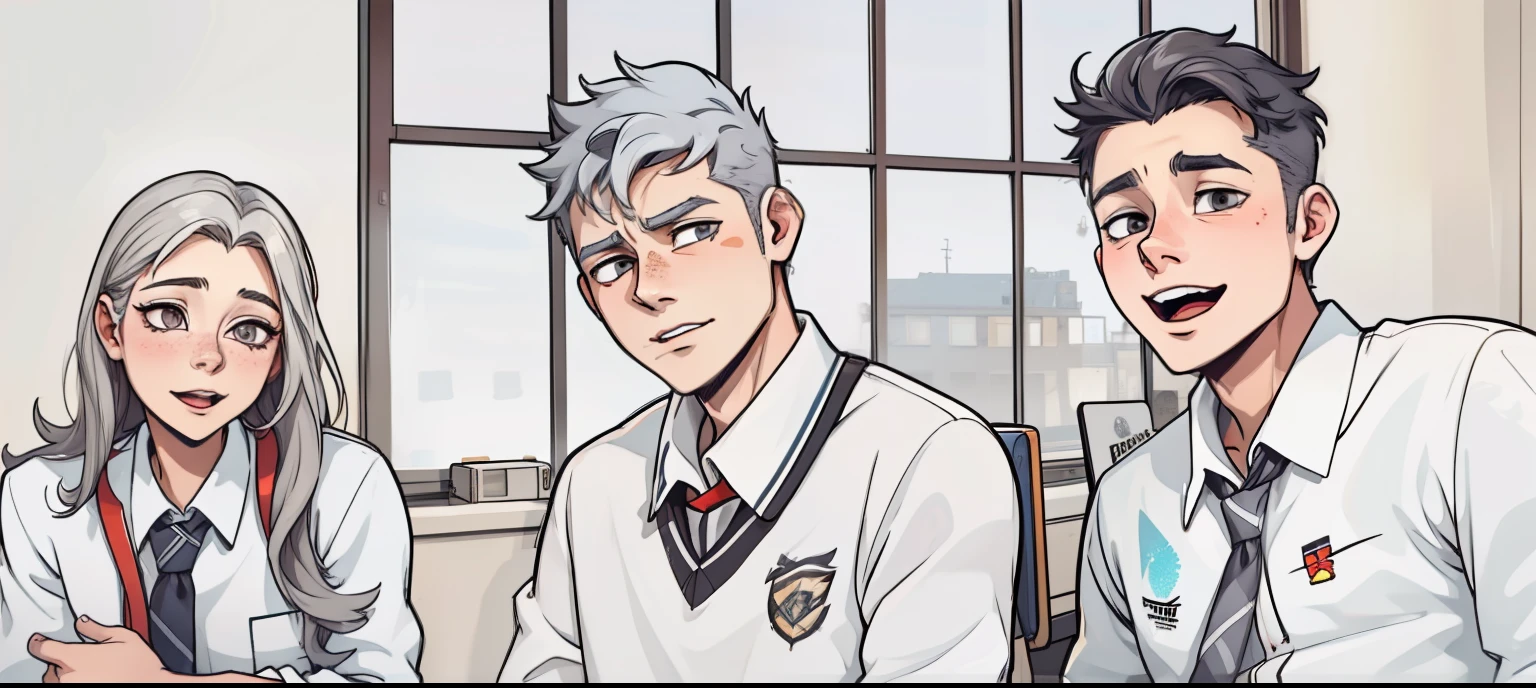 There is a girl and two 17 year old boys who are at school, their hair is gray.