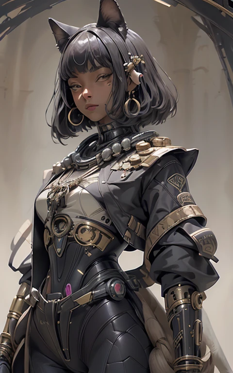 Obra de arte, melhor qualidade, bem detalhado, uma mulher dark skinned com traje futurista, scifi, ciborgue, You are in a futuristic city on another planet, panoramic view details