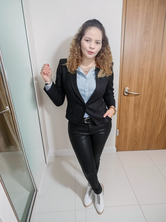 Uma jovem marketeira de 30 anos, standing in a modern, colorful agency office. She is dressed in a huge fashionista outfit. Ela usa um blazer oversized na cor preta. Por baixo do blazer, uma blusa de seda. His shoes are black combat boots., que complementam o visual. Minimalist accessories, like an elegant wristwatch and a thin silver bracelet, adornam seus pulsos. Her hair is straight, pretos, longos e com franja pinup. The office around you reflects an atmosphere of modernity and success, com uma mesa de madeira, advanced technology, organized documents and a large window that offers a panoramic view of the city. macio, well-distributed lighting highlights your figure, highlighting her as a central figure of competence and determination.