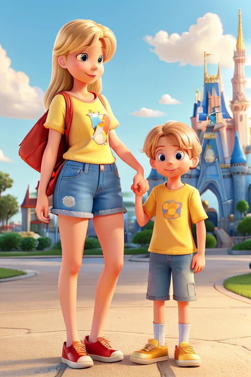 mother and son with the Cinderella Castle on the background. The mother is Blond, straight hair, mid-aged, thin eyebrow, red lips, wearing a yellow shirt with a princess on it, and denim shorts. The son is 6 years old, short and brown hair, wearing a yellow shirt with Mickey Mouse on it, red shorts and a cap with Mickey ears