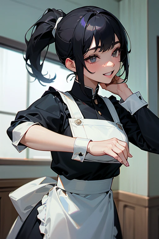 (Highest Resolution, clear_image) highest quality, Single person, One Woman, alone, masterpiece, Very detailed, Semi-realistic, Black Hairのショートヘア, Black Hair, bangs, 18-year-old, mature, light blue uniform, uniform, Indoor Background, kind, Authoritative, Powerful, exquisite features, exquisite features、Eyelashes become longer、Showing teeth、smile😀、Maid clothes、ponytail、Mid-chest、