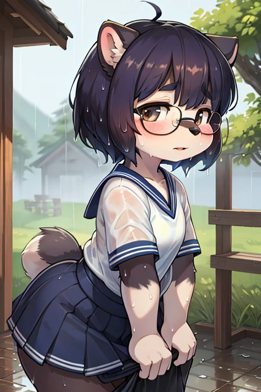 focus face , hairy racoon dog Short stature girl wearing black sports bra , (Short stature) , realistic hairy fur , round face , (tilt face:1.2) , Dull geek , (half-open eyes) , Swollen cheeks , glossy lips , flat chest , (look away:1.2) , eyewear, neat white sailor uniform , (see through black sports bra under uniform:0.9) , navy skirt , heavy rain , Rural bus stop , Japanese Rural Scenery , Take shelter from the rain , (Wet uniform:1.3), back shot