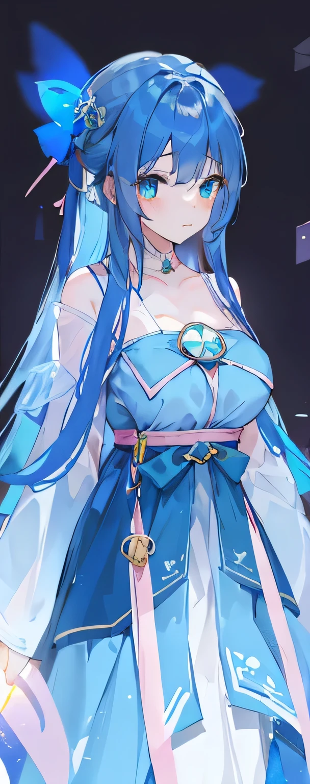 A girl with long blue hair,Wearing a light blue Hanfu,Dark blue belt,With pink ribbons on her body,The ribbons on the sleeves are like light blue wings,Smooth hair,There are two strands of hair hanging on the shoulders,There is a big blue bow tied at the back of her hair.,The ears are covered by hair