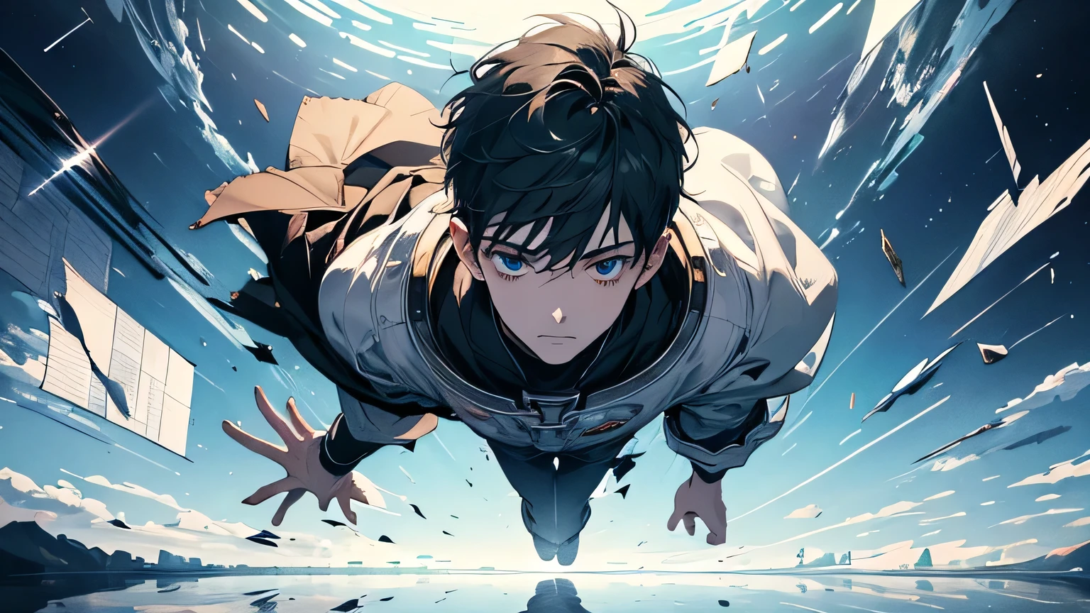 Broken glass, reflection, High resolution, (masterpiece:1.4), Very detailed, One boy, View from above, space, floating, - At six o'clock, A young man in a white shirt and black trousers is surrounded by colorful lights, Dark Background