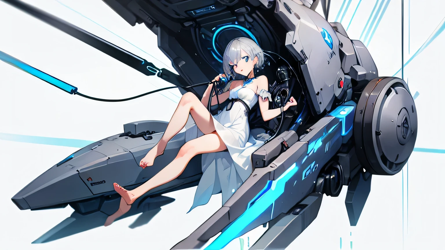 Cyborg woman, Machinery Parts, White Dress, metal skin, (Sparkling blue eyes), cable, wire, Gray Hair,
barefoot