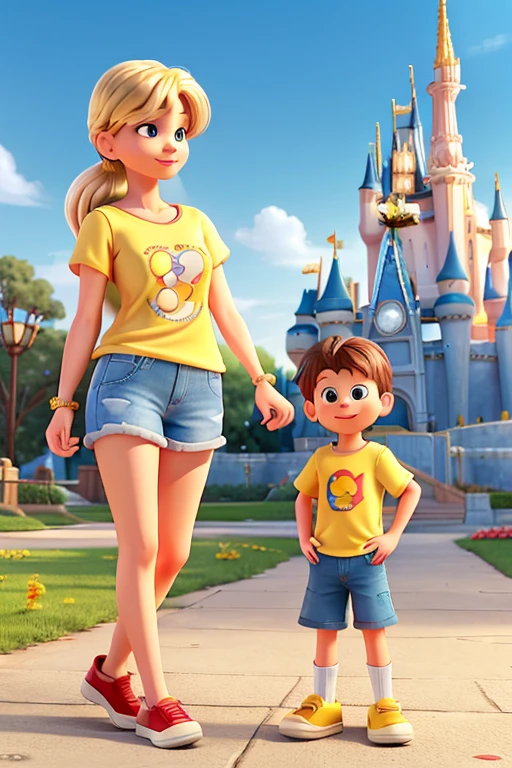 mother and son with the Cinderella Castle on the background. The mother is Blond, straight hair, mid-aged, thin eyebrow, red lips, wearing a yellow shirt with a princess on it, and denim shorts. The son is 6 years old, short and brown hair, wearing a yellow shirt with Mickey Mouse on it, red shorts and a cap with Mickey ears