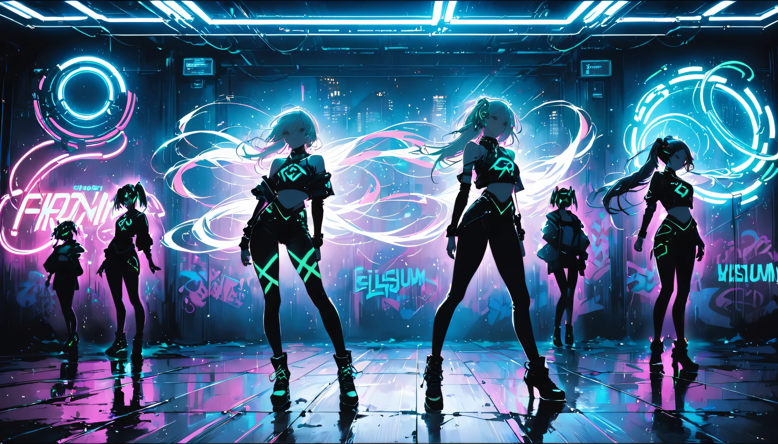 DemiHawks, Urban sprawl, woman, urban dance clothing, Dramatic lighting, High Contrast, silhouette, Poster-worthy, Street fashion, graffiti, Neon Light, Shadow, Dystopia, cyber punk, Futuristic, SF, Tron, Blade Runner, Elysium, Westworld, Black Neon, dance, fluid, dynamic, energy, Movement, shape, performance, Woman in a futuristic city with neon lights and neon signs, whole body