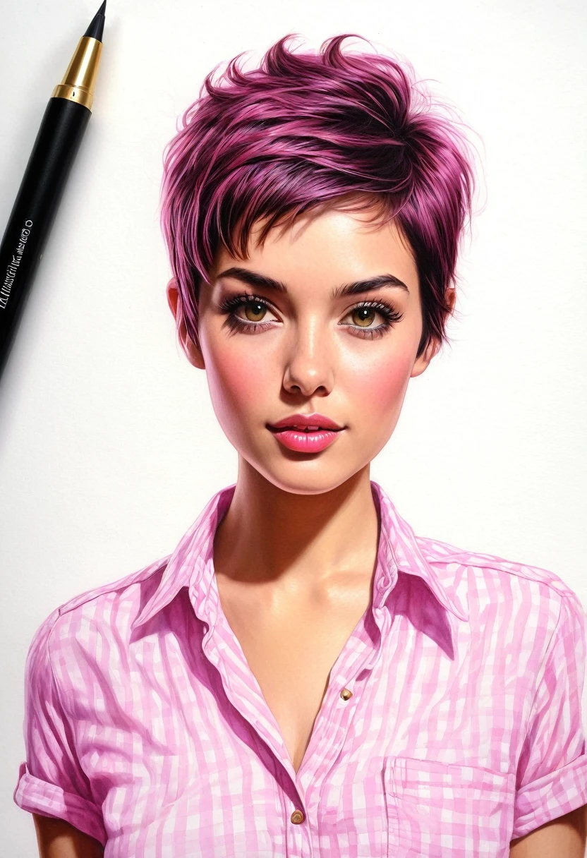 crea una mujer con pelo corte pixie ,con camisa rosa , obra maestra, estilo ilustracion de Ali Erturk, alto detalle, hiperrealista, luz natural,ilustracion , colores llamativos