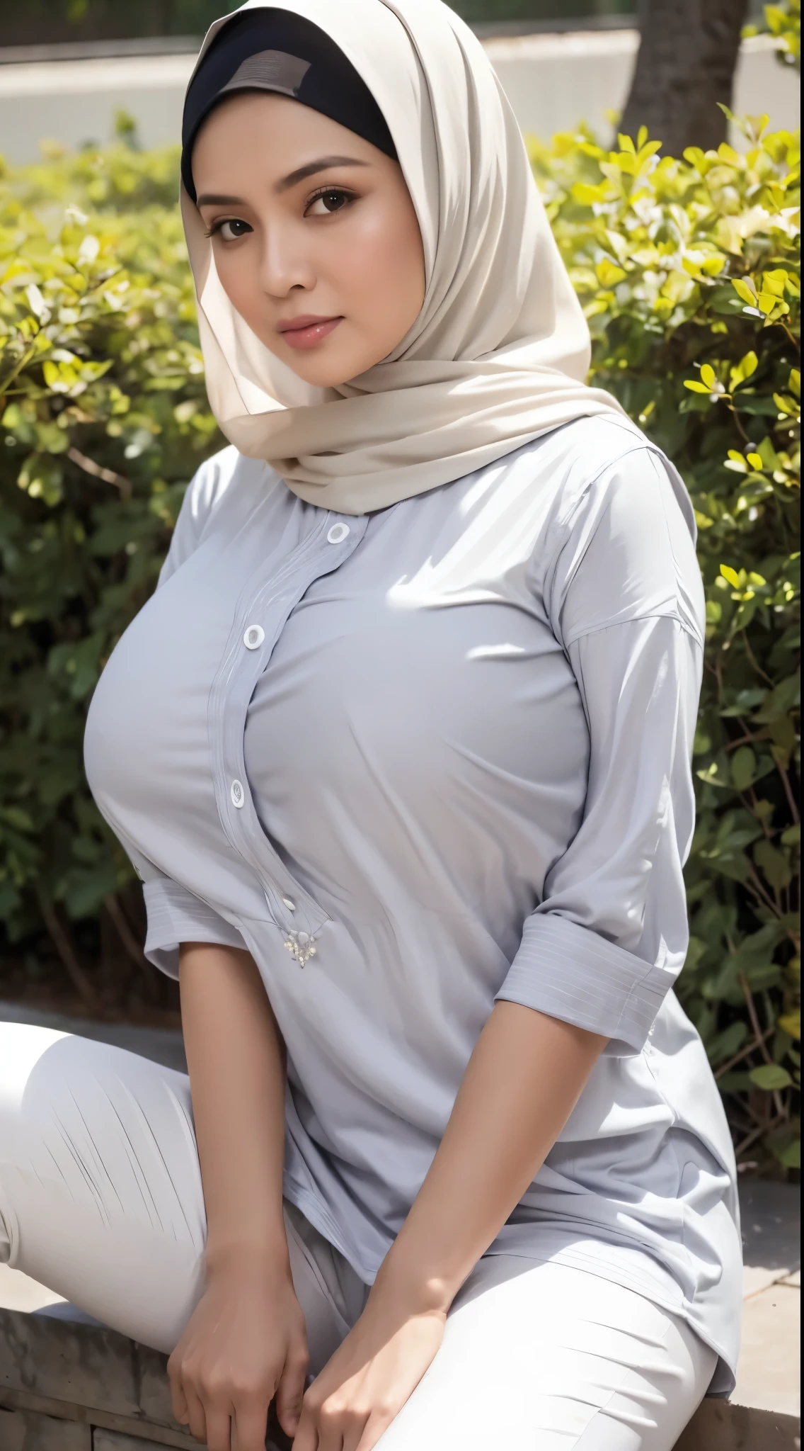 50 years Old, Hijab Indonesian mature woman, Big Tits : 66.9, Gamis, Breast out from her clothes : 1.9, at doctor office, Dark light, at Nighttime
