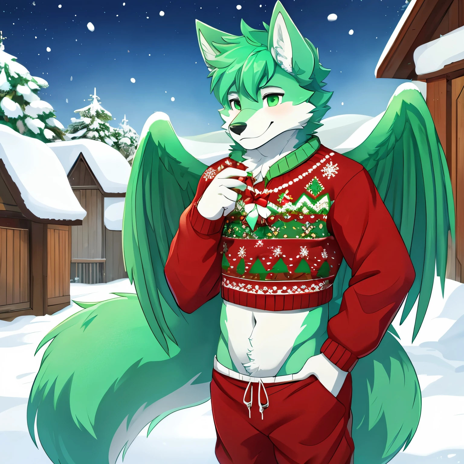 A wolf with minty green fur minty green wings. With green antlers. A white underbelly standing in a snowy village. He is a short fluffy boy with a feminine body shape but not too feminine wearing a ugly Christmas sweater and sweatpants he has a very fluffy chest 