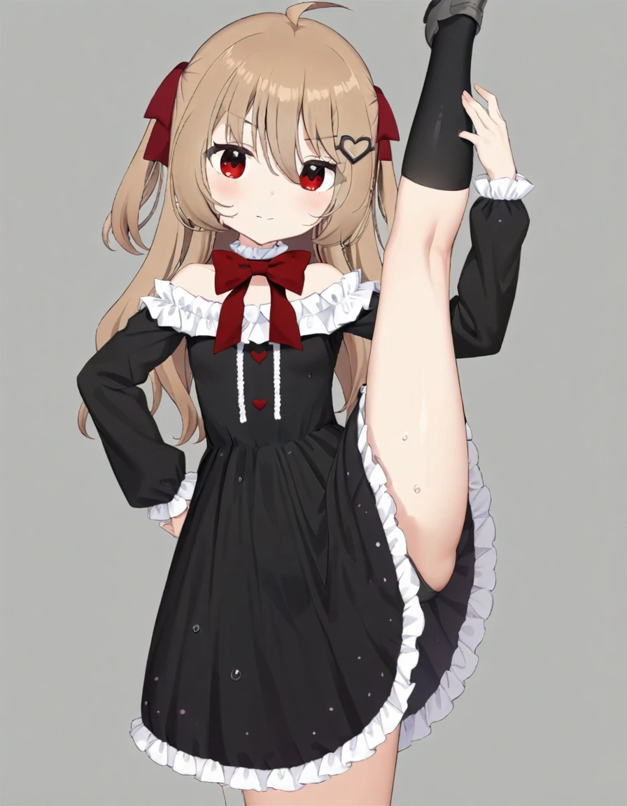 1girl, evil neuro-sama, (yuzu modoki), red eyes, light brown hair, ahoge, two side up, hair ribbon, dark red ribbon, heart hair ornament, black dress, frilled dress, off-shoulder dress, bare shoulders, frilled choker, long sleeves, red bow, red buttons, black heart, black socks, frilled socks, grey footwear, loafers, (masterpiece, best quality), highly detailed, finely detailed, wet, looking at viewer, see-through dress, covered nipples, underwear, cleavage, collarbone, simple background, stomach, split, standing split, standing on one leg, dress lift,