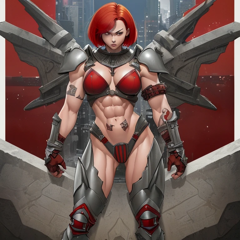(((of the highest quality: 1.4))),(unparalleled masterpiece ever), (Ultra high definition),(Ultra realistic 8K CG), (((adult body))), (((1girl in))), ((( Bob Shorthair ))), Gladiators with perfect bodies,,Beautiful and well-groomed face,muscular body:1.4,Detailed breastplate, gauntlets、is standing, (Image from head to thigh),(( Red Bob Shorthair )),, Simon Bisley's urban savage style,Detailed ancient Roman background,Clean abs, Complex equipment, Dark brown with white stars and gray and white stripes,,,s Armor, Poison tattoo