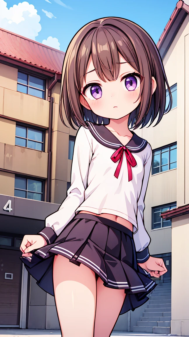 (High quality), (masterpiece), (very detailed), girl, (flat chest:1.6), short brown hair, purple eyes, shy face, primary school girl, white blouse, small black skirt with pleats, (chibi:0.6), showing her thighs, showing legs, viewer's perspective from below, on the school yard, sunny