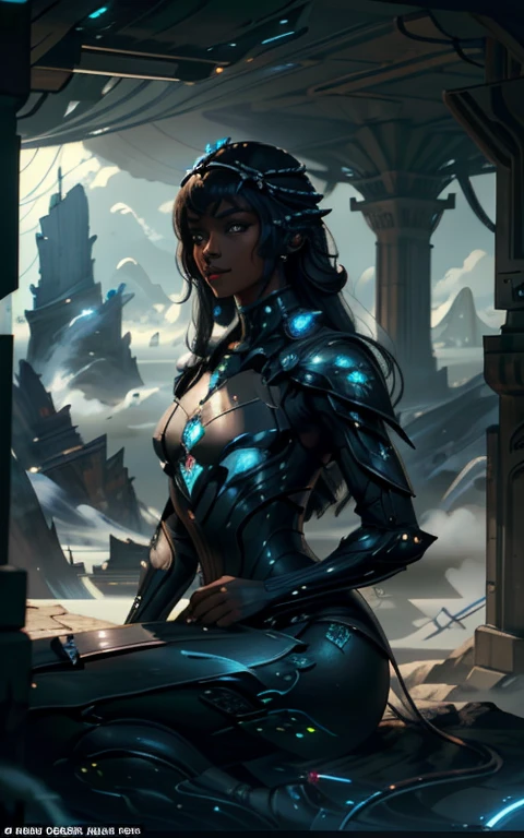 Obra de arte, melhor qualidade, bem detalhado, uma mulher dark skinned com traje futurista, scifi, ciborgue, You are in a futuristic city on another planet, panoramic view details
