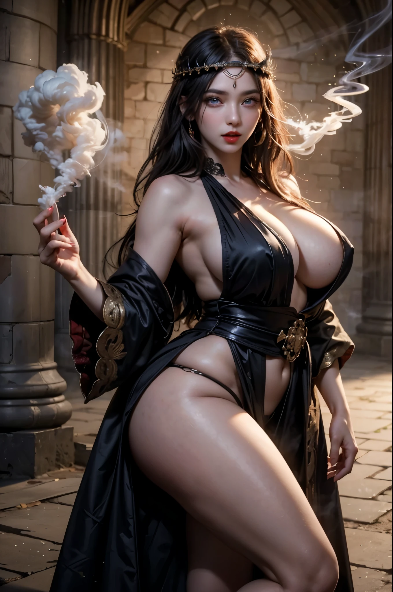 (RAW photo), (Realistic), (photo-realistic), ultra high resolution, masterpiece, highest quality, perfect lighting, detailed lighting, dramatic shadow, ray tracing, ((sharp focus:1.2)), 1 Japanese beautiful lady, 20 years old, ((Idol face:1.35)), ((Voluptuous body:1.2)), cleavage, Abs, muscle, ((beautiful detailed eyes:1.5)), ((red lips:1.2)), ((pale skin:1.2)), ((big tits:1.2)), constricted waist, big ass, big thick thighs, long straight hair, black hair, half open mouth, looking at viewer, ((sexy Wizar'd robe:1.2)), ((circlet:1.2)), ((in fantasy medieval castle:1.2)), using magic, ((magic mist:1.2)), ((magic smoke:1.2)),