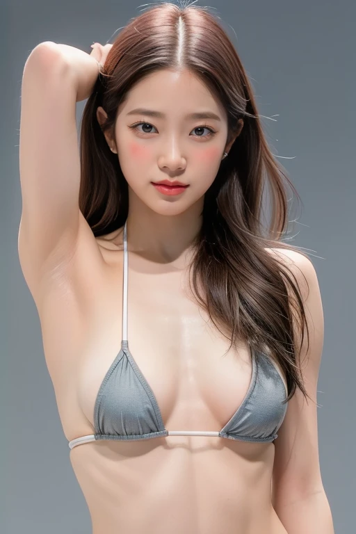 highest quality, masterpiece, Ultra-high resolution, (Realistic:1.4), RAW Photos, One 19-year-old girl, simple gray background, ((Micro Bikini、Upper Body、Lean forward、ballerina)), Looking at the audience