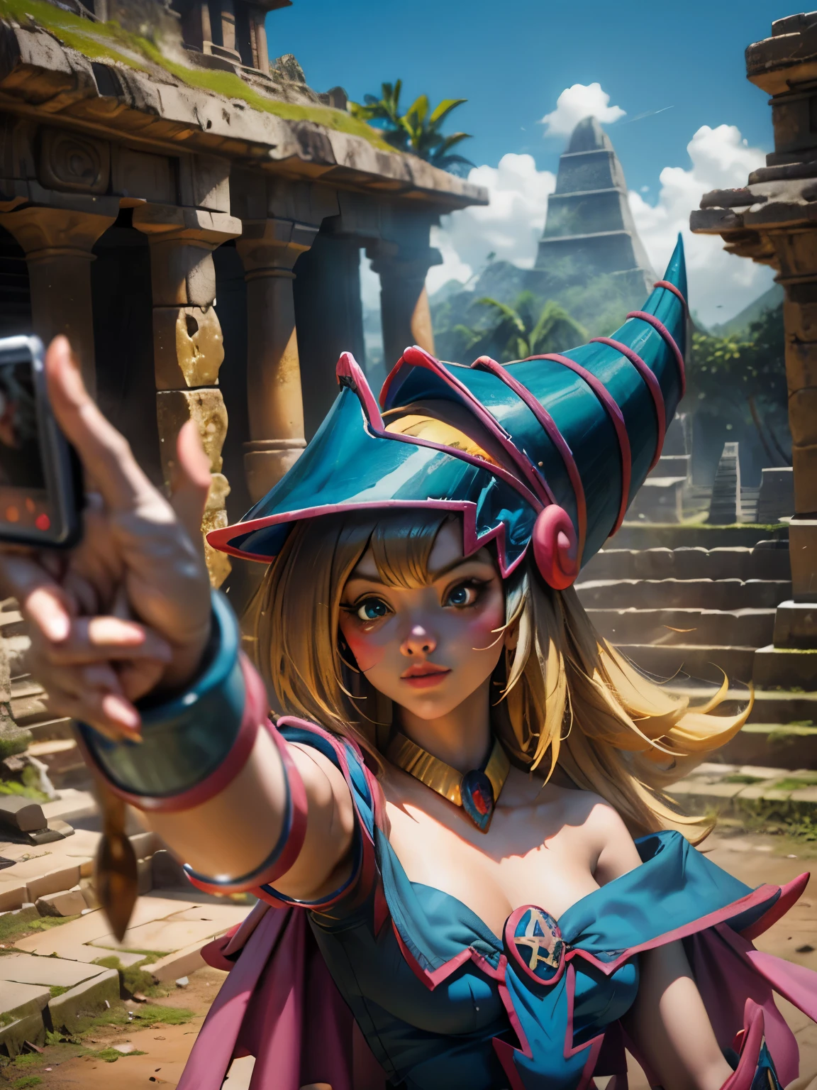 Dark magician taking a selfie at a Mayan ruins. Ella tiene cabello rubio. ojos azules. Labios rojos. Se toma una selfies en unas ruinas mayas. Selva y jaguares a si alrededor