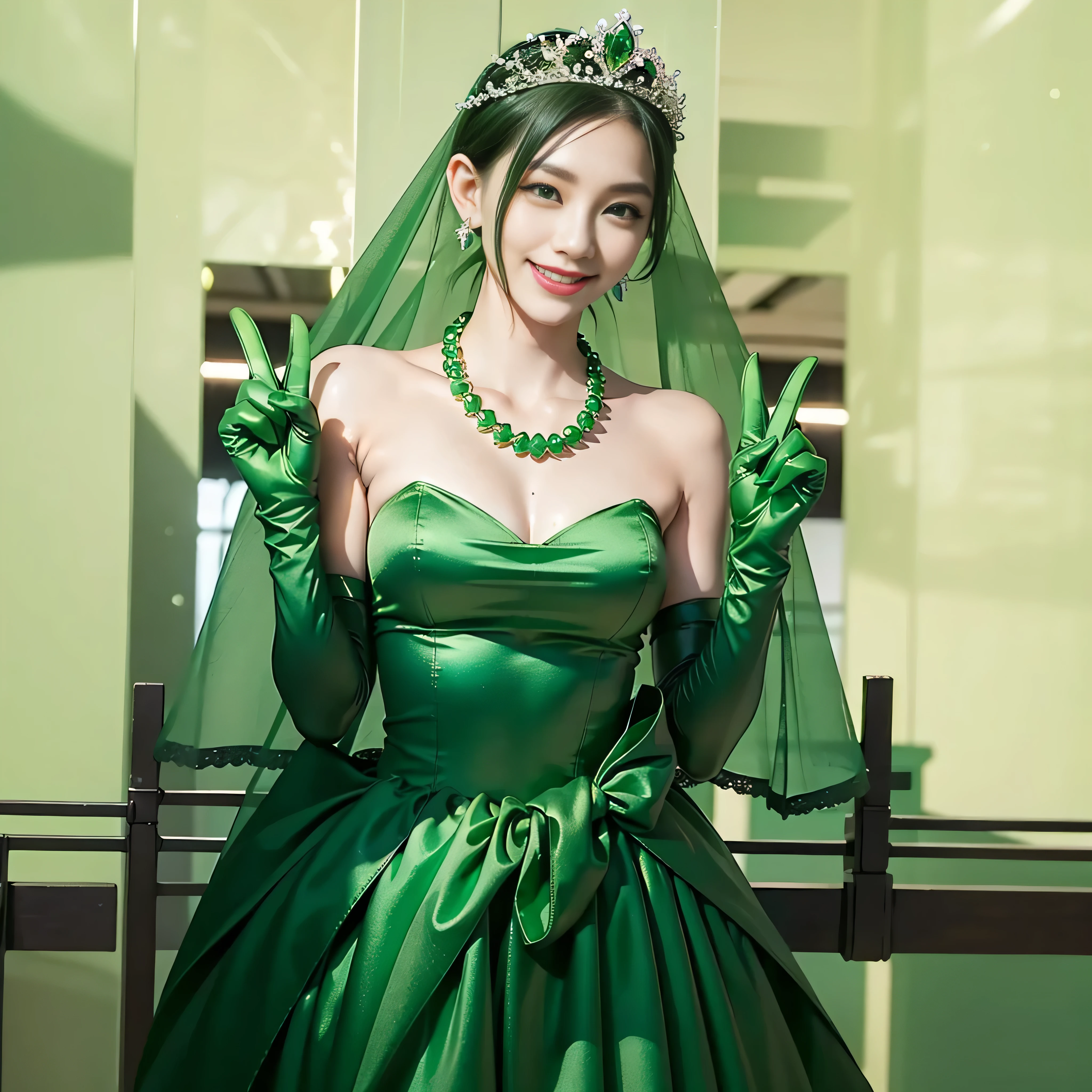 Emerald tiara, Green Pearl Necklace, Boyish very short green hair, lipstick, Smiling Japanese woman, Very short hair, Big and beautiful, Green Eyes, Long green satin gloves, Green Eyes, v sign, Emerald Earrings, Green veil