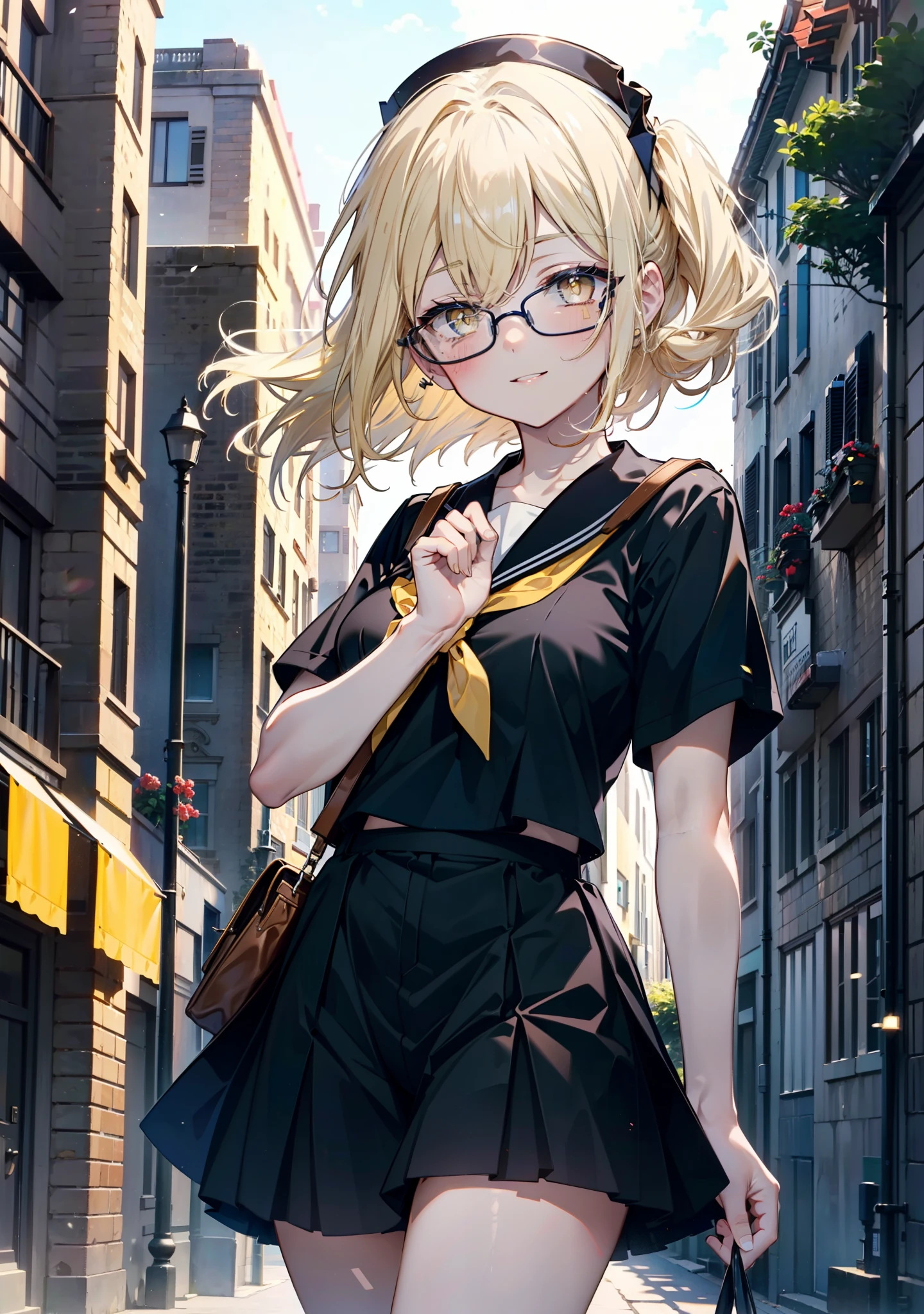 アイスWallenstein, Wallenstein, blonde, Hair between the eyes, Yellow headband, Long Hair, (Yellow Eyes:1.5),Black-rimmed glasses,happy smile, smile, shut up.,smile,blush,Black Sailor Suit,Black pleats,Short sleeve,Black socks,Brown Loafers,morning,morning陽,The sun is rising,whole bodyがイラストに入るように,Walking　　　　　　　 break looking at viewer, whole body, (Cowboy Shot:1.5), crowd, people々々　　　　　　　　　　break outdoors,In town,Building district,　　　　　　　　　　break (masterpiece:1.2), highest quality, High resolution, unity 8k wallpaper, (shape:0.8), (Beautiful and beautiful eyes:1.6), Highly detailed face, Perfect lighting, Highly detailed CG, (Perfect hands, Perfect Anatomy),