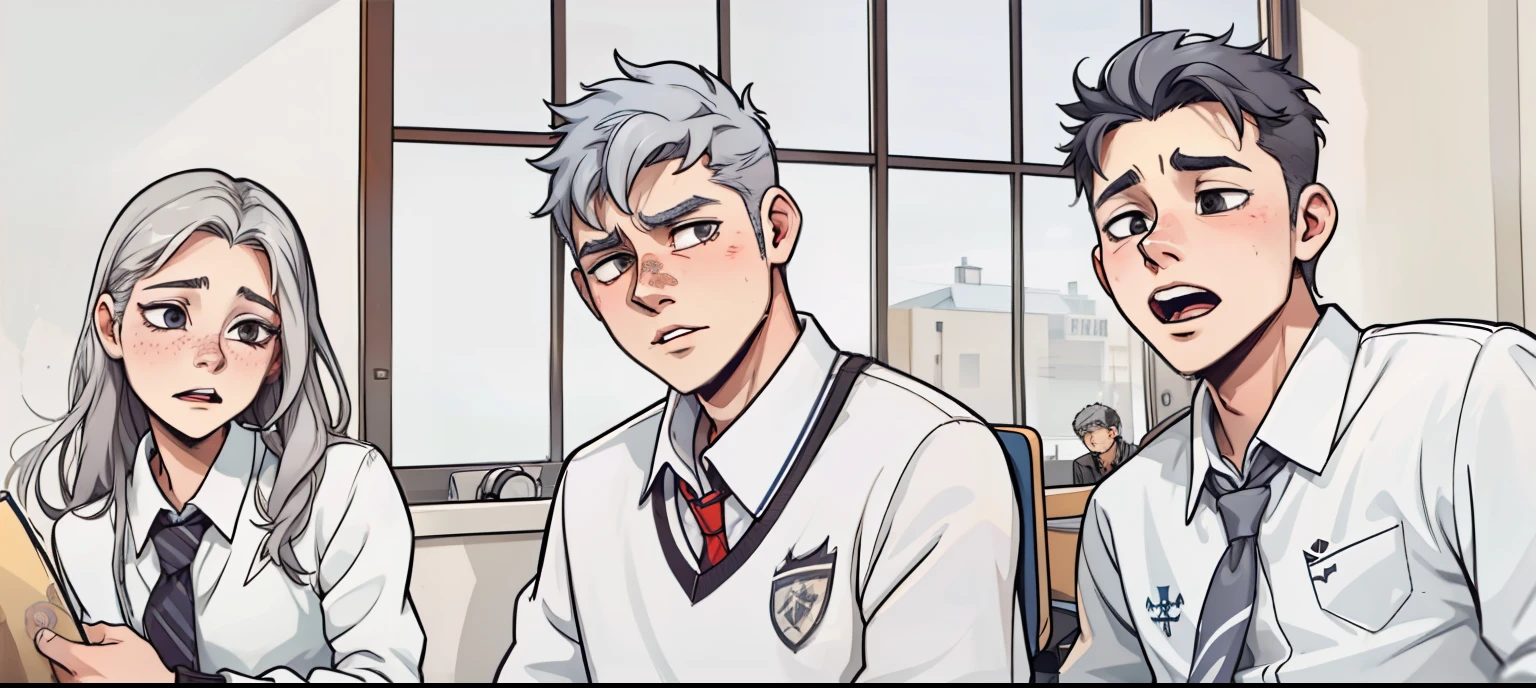 There is a girl and two 17-year-old boys who are at school. Their hair is gray. They are talking about something important. They are worried and scared.