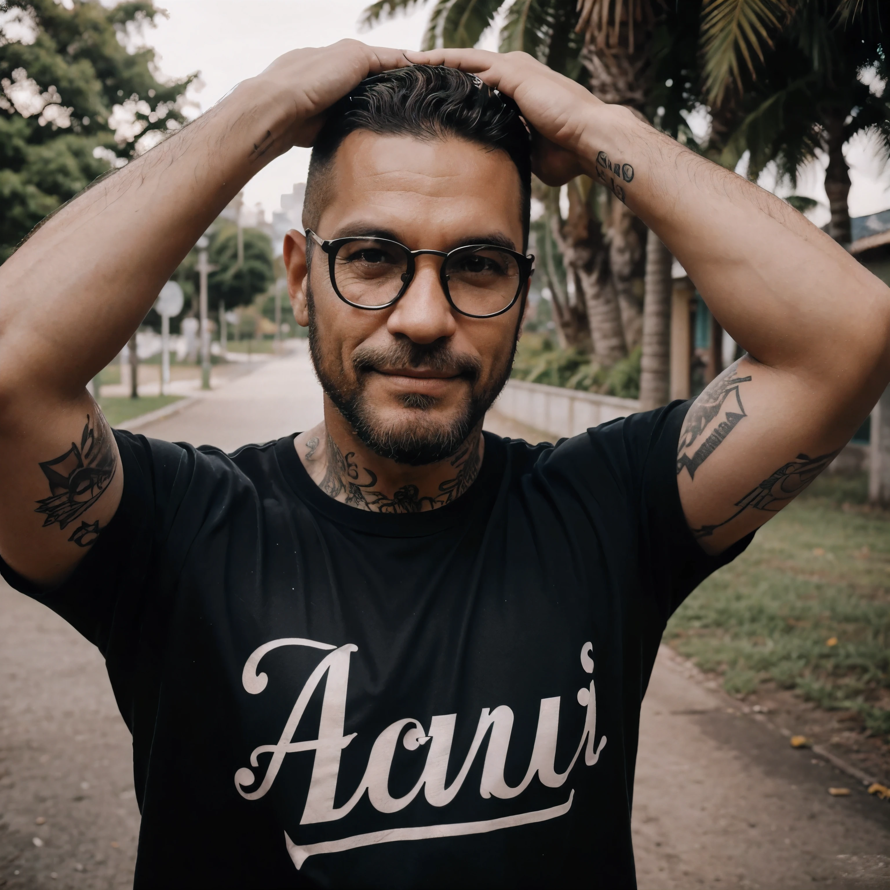 Homem, barbudo, de 45 anos, sorrindo, gordinho, meio careca, with black glasses, he will be posing as if he is taking a photo, with his arm raised, mostrando 2 dedos, A foto deve ser do torax para a cima, and he must hold the camera, O fundo da imagem possui um parque, he has tattoos on his arm, written in Portuguese "Sempre vencendo!" He will be wearing cold weather clothing, um casaco grosso