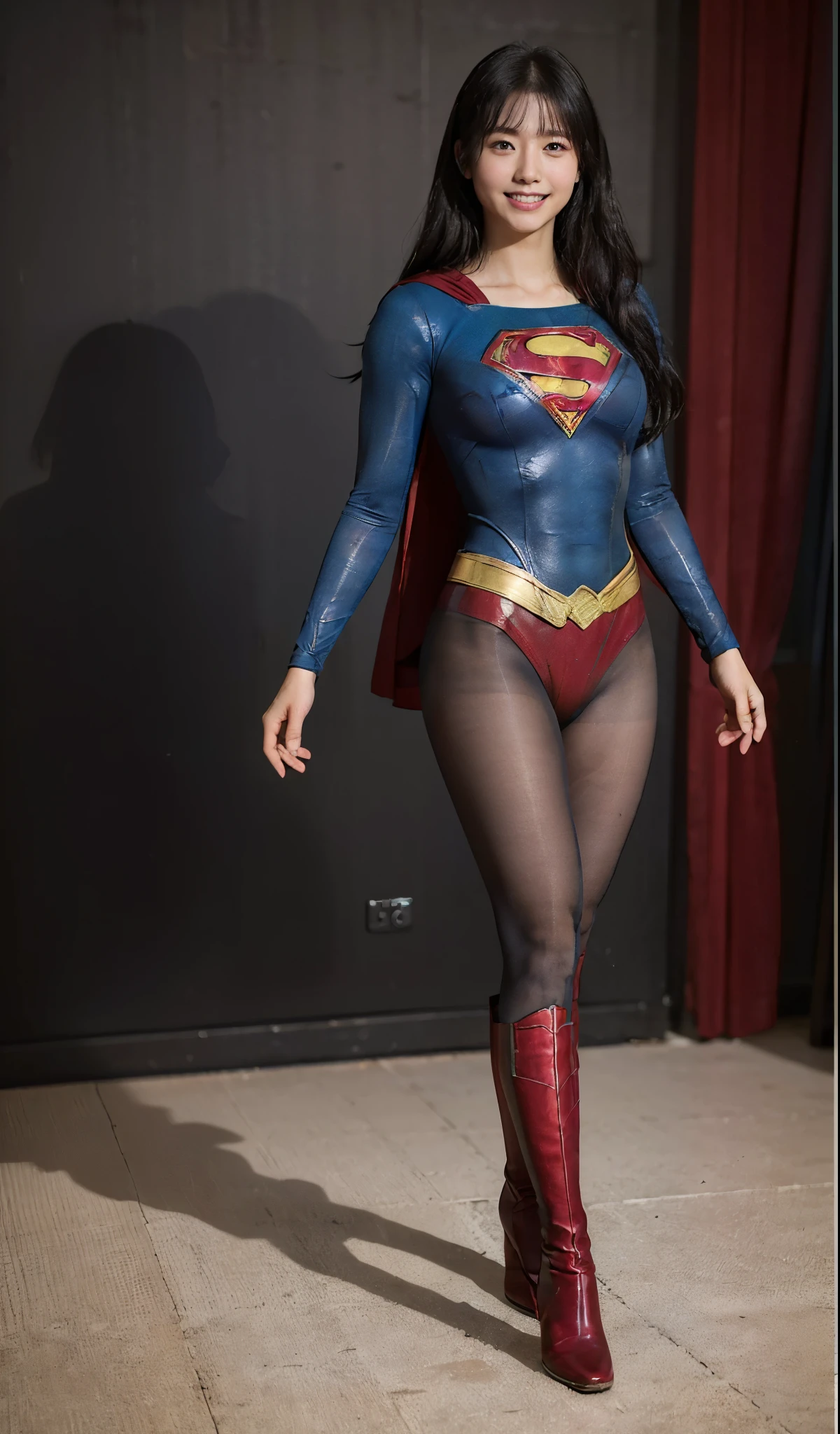 No background、(((Beautiful legs in black tights.)))、(((Legally express the beauty of your smile)))、((((Make the most of your original images)))、(((Supergirl Costume)))、(((ボディにフィットしたSupergirl Costume)))、(((Beautiful Hair)))、(((Smiles and winks)))、(((Please wear black tights....、Wear red boots)))、((Best image quality、8k))、((highest quality、8k、masterpiece:1.3))、(((Preserve background )))、Sharp focus:1.2、Beautiful woman with perfect figure:1.4、Slim Abs:1.2、Wet body:1.5、Highly detailed face and skin texture、8k