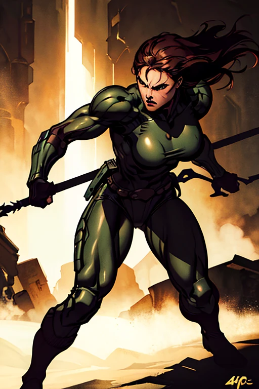 (best quality,4k,8k,highres,masterpiece:1.2), ultra-detailed, (realistic,photorealistic,photo-realistic:1.37), HDR, UHD, studio lighting, extreme detail description, professional, vivid colors, bokeh, women's hero, metal spear, brown hair, muscular, powerful, confident, heroic pose, vibrant background, greenery, dynamic action, intense expression, atmospheric lighting, surreal, comic book style, bold strokes of paint, intense shadows and highlights, mysterious ambiance, epic scene