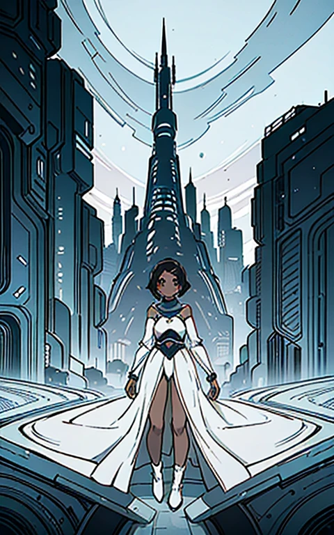 Obra de arte, melhor qualidade, bem detalhado, uma mulher dark skinned com traje futurista, scifi, ciborgue, You are in a futuristic city on another planet, panoramic view details