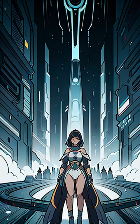 Obra de arte, melhor qualidade, bem detalhado, uma mulher dark skinned com traje futurista, scifi, ciborgue, You are in a futuristic city on another planet, panoramic view details