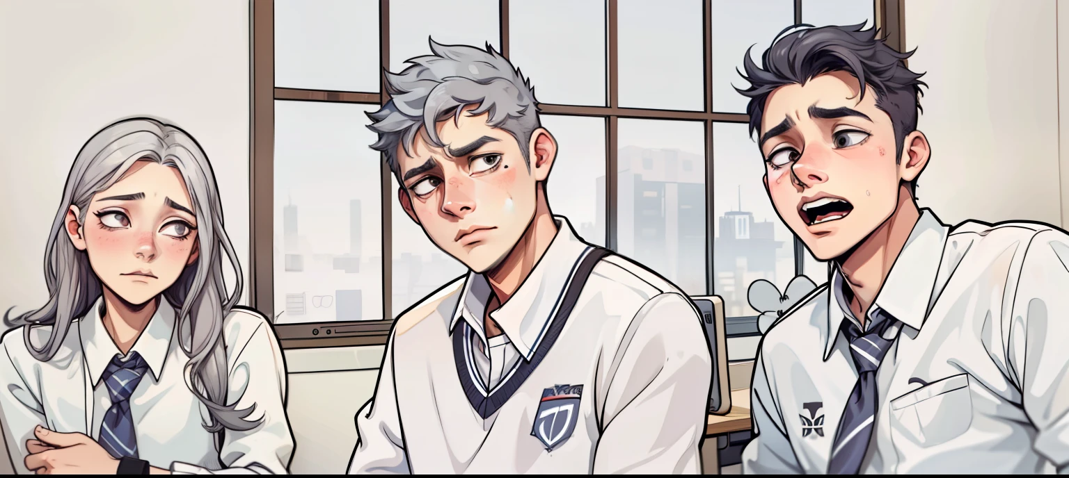 They are worried, thoughtful, serious, scared. There is a girl and two 17-year-old boys who are at school. Their hair is gray. They are talking about something important. They are worried and scared.