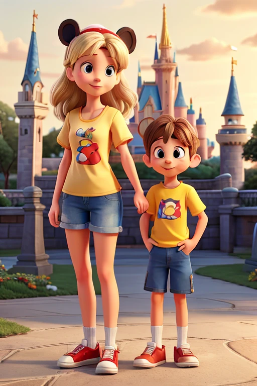 mother and son with the Cinderella Castle on the background. The mother is Blond, straight and long hair without bangs, mid-aged, thin eyebrow, red lips, wearing a yellow shirt with a princess on it, and denim shorts. The son is 6 years old, short and brown hair, wearing a yellow shirt with Mickey Mouse on it, red shorts and a cap with Mickey ears