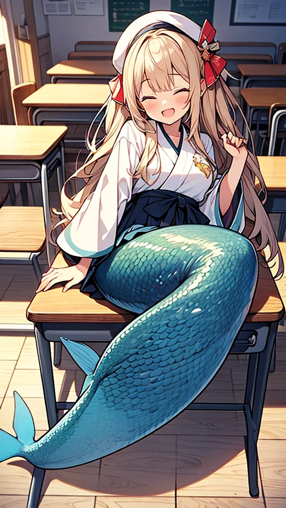(Mermaid) girl,scales pattern hakama,Taisho Romance,
 girl,fish cap,laugh,school desk,