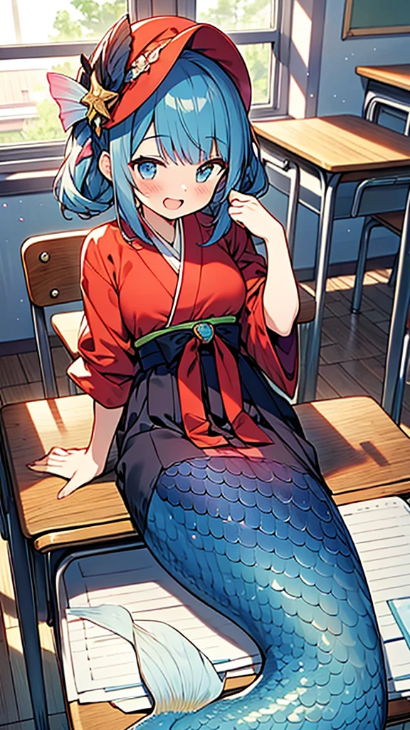 (Mermaid) girl,scales pattern hakama,Taisho Romance,
 girl,fish cap,laugh,school desk,