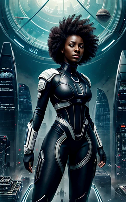 Obra de arte, melhor qualidade, bem detalhado, uma mulher dark skinned com traje futurista, scifi, ciborgue, You are in a futuristic city on another planet, panoramic view details