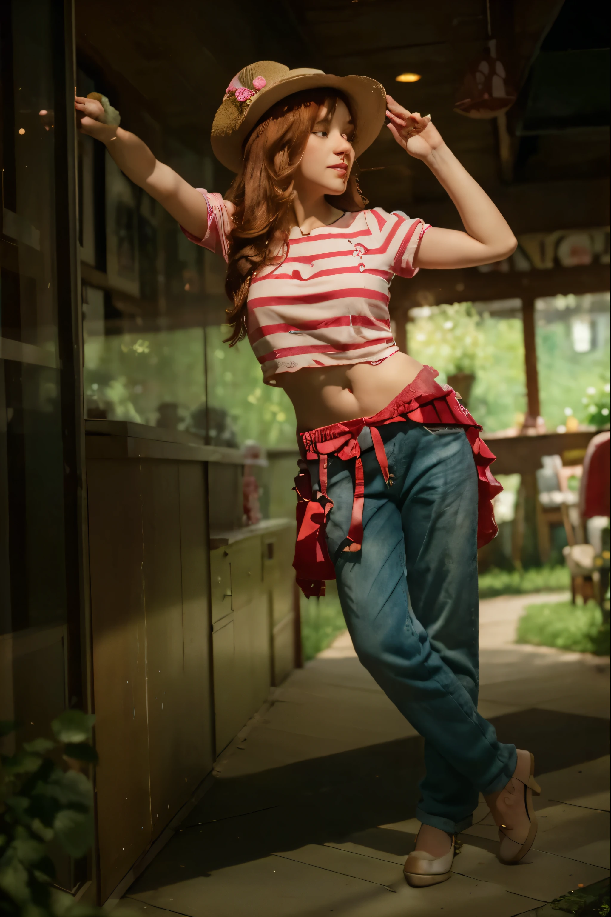 (Best quality, 8k, 32k, Masterpiece, UHD:1.2) "Transform the setting into Strawberryland from Strawberry Shortcake. The scene should be vibrant and colorful, with berry-themed houses and buildings. Include Strawberry Shortcake's Berry Bitty Café, Blueberry Muffin's Bookstore, Lemon Meringue's Hair Salon, Orange Blossom's General Store, Raspberry Torte's Fashion Boutique, Plum Pudding's Dance Studio, Huckleberry Pie’s Honey Hut, and Cherry Jam’s Music Studio. The landscape should be filled with lush green meadows, blooming flowers, and berry bushes. Add a bright blue sky with fluffy white clouds to enhance the cheerful and whimsical atmosphere of Strawberryland."