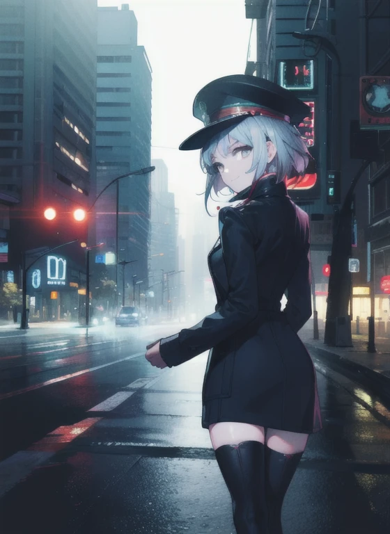 best quality,realistic, Cyberworld,science fiction,cyberpunk,neon lights,cityscape,neon trim,synthetic textures 
masterpiece, best quality,illustration,best quality, 1girl, solo, lu_na, hat, white thighhigh, white hair,short hair,headphone,,smile,wearing mask,heavy rain,arms behind back
