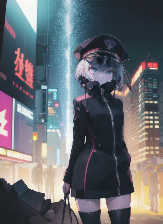 best quality,realistic, Cyberworld,science fiction,cyberpunk,neon lights,cityscape,neon trim,synthetic textures 
masterpiece, best quality,illustration,best quality, 1girl, solo, lu_na, hat, white thighhigh, white hair,short hair,headphone,,smile,wearing mask,heavy rain,arms behind back
