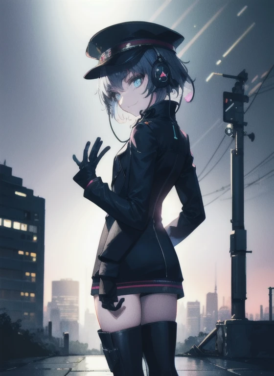 best quality,realistic, Cyberworld,science fiction,cyberpunk,neon lights,cityscape,neon trim,synthetic textures 
masterpiece, best quality,illustration,best quality, 1girl, solo, lu_na, hat, white thighhigh, white hair,short hair,headphone,,smile,wearing mask,heavy rain,arms behind back