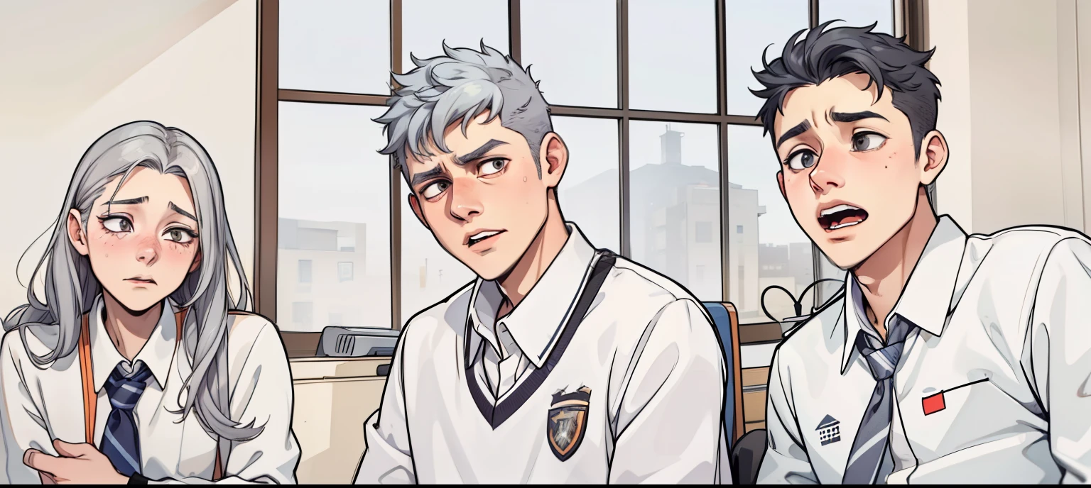 They are worried, thoughtful, serious, scared. There is a girl and two 17-year-old boys who are at school. Their hair is gray. They are talking about something important. They are worried and scared.