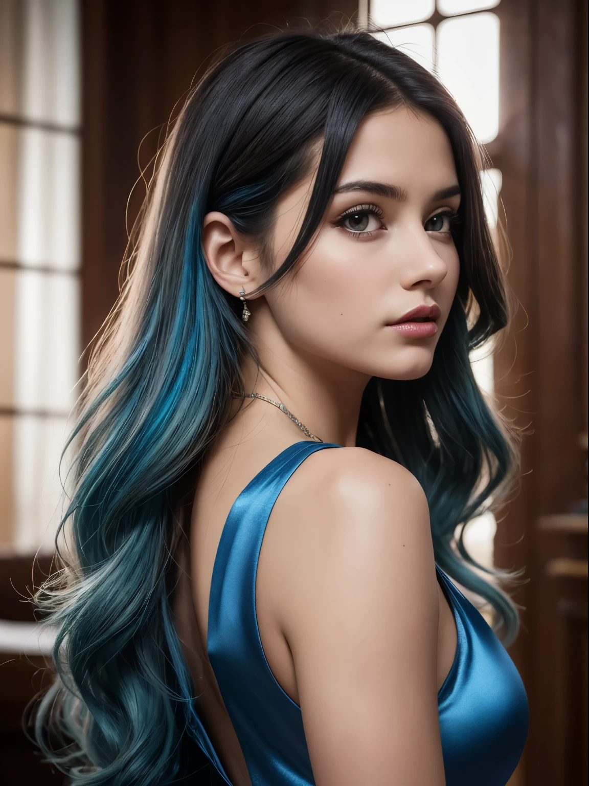 (Best quality,8K,A high resolution,Masterpiece:1.2, DSLR, 16k ),Ultra-detailed,(Realistic,Photorealistic,photo-realistic:1.37),Portrait, Creative style artwork, Historical, classical, Sophisticated, plethora of colors ,Highly detailed, Soft lighting, luxurious environment , there is young woman , girl wearing a blue silk classy royal dress, performing a music video, slim fit (oval perfect shape, asymmetrical face structure, perfect proportion, almond eye type, hazal eye color, detailed eyes, blue hair color, 32 inch breasts, hourglass figure, slim body, pale white skin tone ,sexy girl, 22 years old, soft wavy hair, looking away, attitude expression, professional makeup, pink lips)